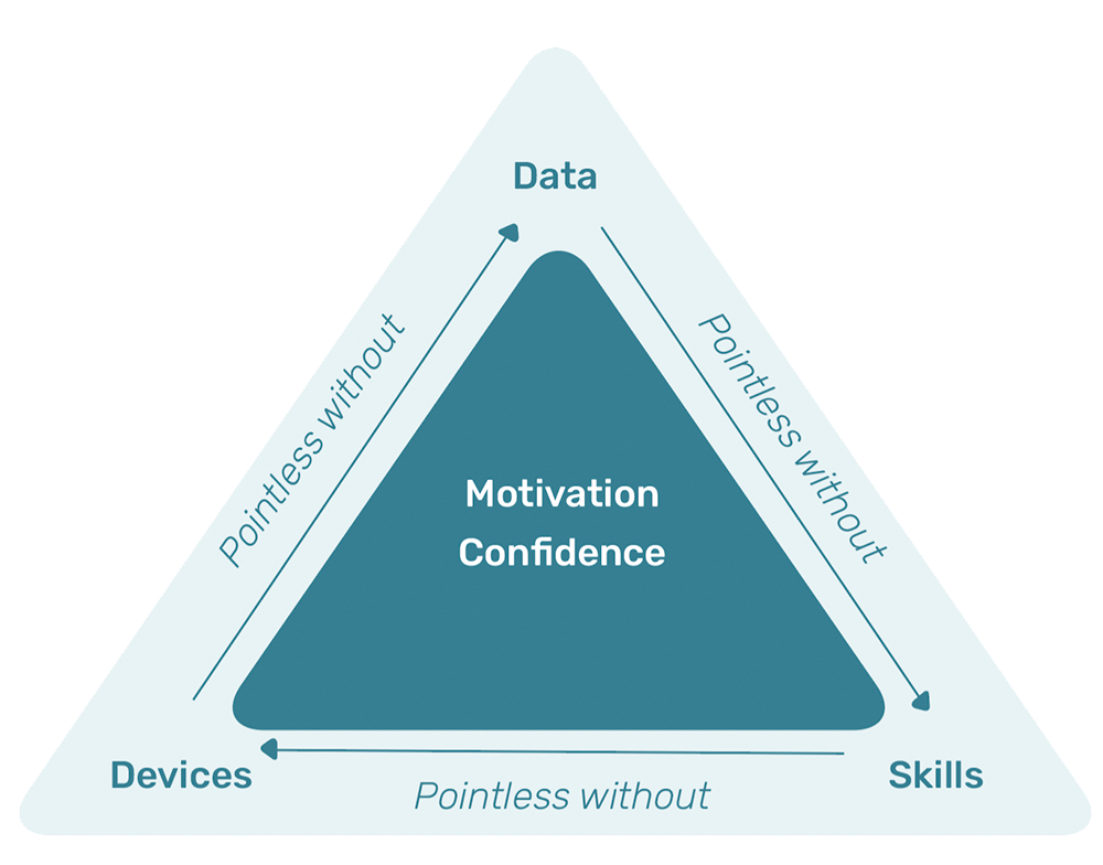 "The Pointless Triangle" diagram argues that data connectivity is pointless without skills, which are pointless without devices, which are pointless without data. Underpinning these are broader issues of motivation and confidence